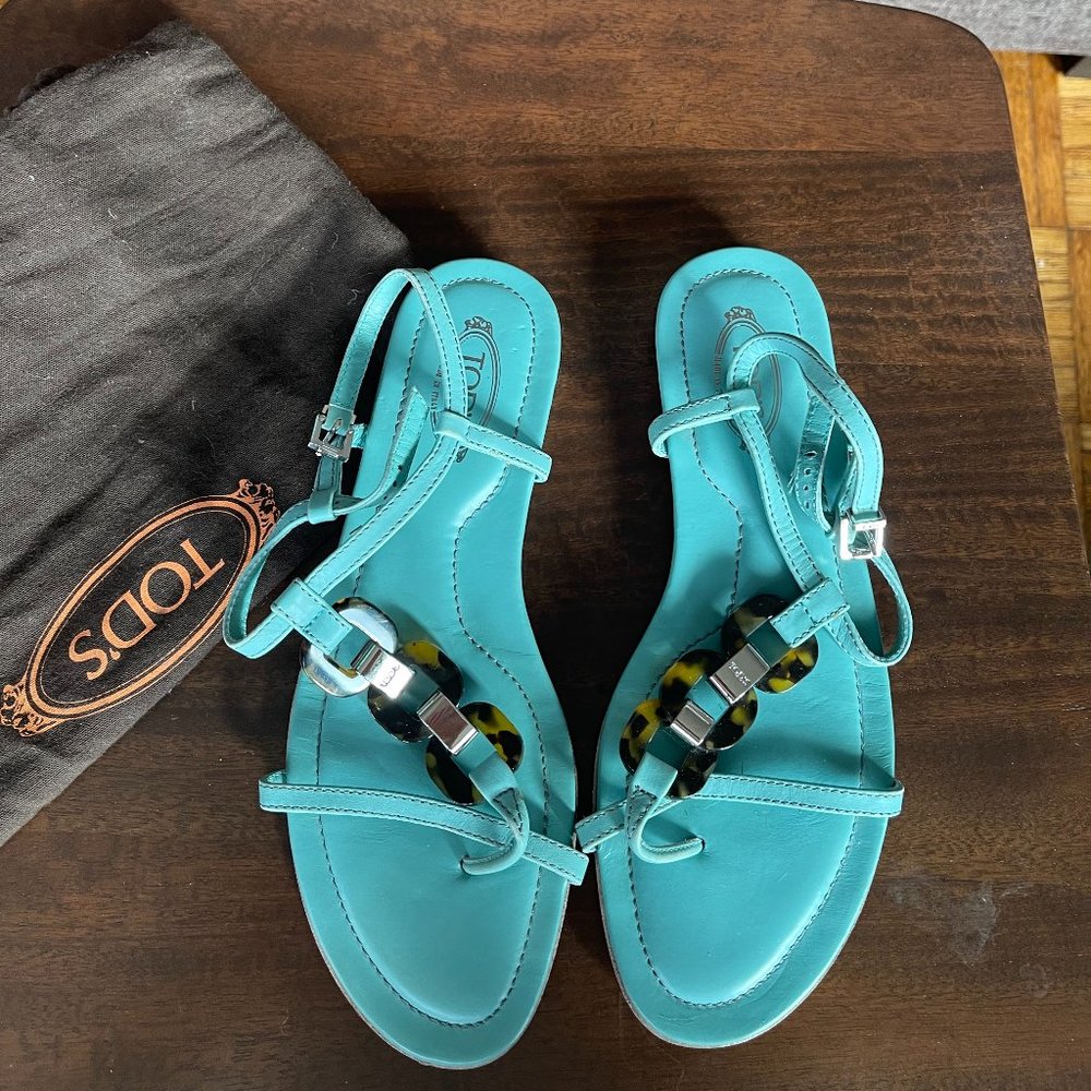 Tods turquoise leather strappy sandals with tortoise detail size 36.5